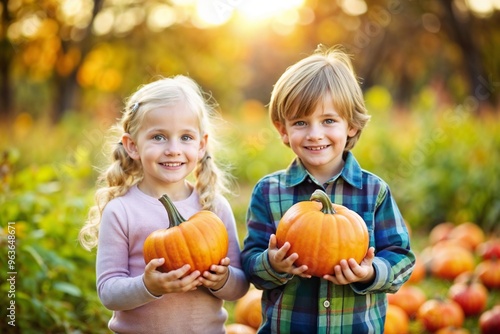 Girl and boy with blonde hair holding orange pumpkins in a pumpkin patch during autumn