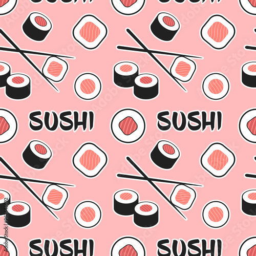 Cartoon seamless pattern with sushi rolls and chopsticks on pink background.