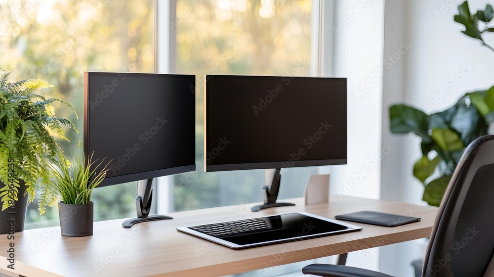 A desk with dual monitors and a digital tablet, high-tech productivity, modern workspace A desk with dual monitors and a digital tablet, high-tech productivity, modern workspace