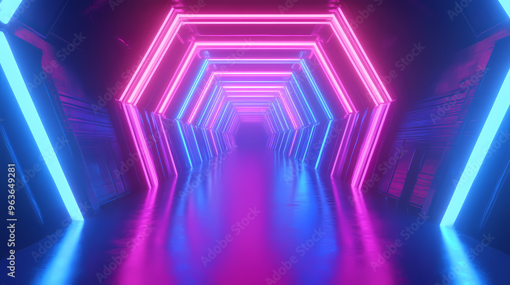 Abstract flying in futuristic corridor background, fluorescent ultraviolet light, mirror lines laser neon lines, geometric endless tunnel, 3d illustration, blue pink spectrum. Neon. Illustration Abstract flying in futuristic corridor background, fluorescent ultraviolet light, mirror lines laser neon lines, geometric endless tunnel, 3d illustration, blue pink spectrum. Neon. Illustration