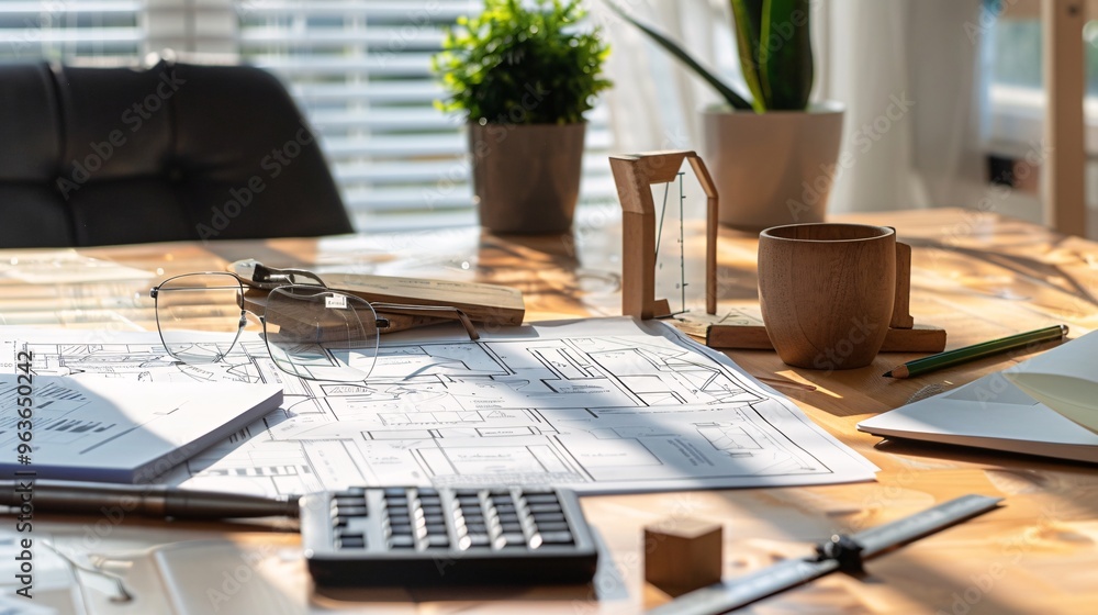 Architect's Desk with Blueprint, Glasses, and Calculator Architect's Desk with Blueprint, Glasses, and Calculator