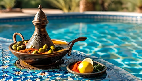 The colorful Morocco Taji pot, containing olives, lemons and spices, is presented next to the blue swimming pool, showing an exotic food landscape. photo