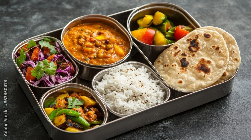 A standard Maharashtrian tiffin or lunch box containing roti or chappati, sabji (white rice and potatoes), simple Dal Tadka, pickles, and salad A standard Maharashtrian tiffin or lunch box containing roti or chappati, sabji (white rice and potatoes), simple Dal Tadka, pickles, and salad