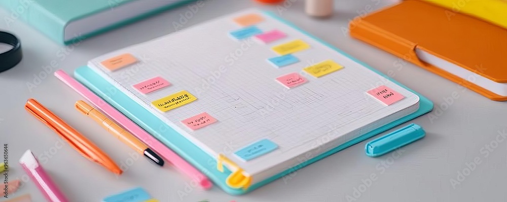 Close-up of a bullet journal with stickers and highlighters, creative planning tools, personal productivity Close-up of a bullet journal with stickers and highlighters, creative planning tools, personal productivity