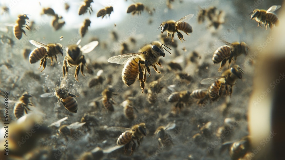 Swarm of Bees in Flight - A dynamic close-up of a bee in flight, surrounded by a buzzing swarm. Perfect representation of nature's hardworking pollinators. Swarm of Bees in Flight - A dynamic close-up of a bee in flight, surrounded by a buzzing swarm. Perfect representation of nature's hardworking pollinators.