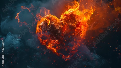 An explosive heart, composed of fiery flames and thick smoke, bursting outward with a dramatic effect, ideal for intense and bold generative AI themes
