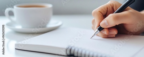 Close-up of a hand writing in a notebook with a cup of coffee nearby, journaling habit, personal growth