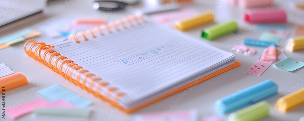 Close-up of a planner with highlighters and stickers, personal organization, creative productivity Close-up of a planner with highlighters and stickers, personal organization, creative productivity