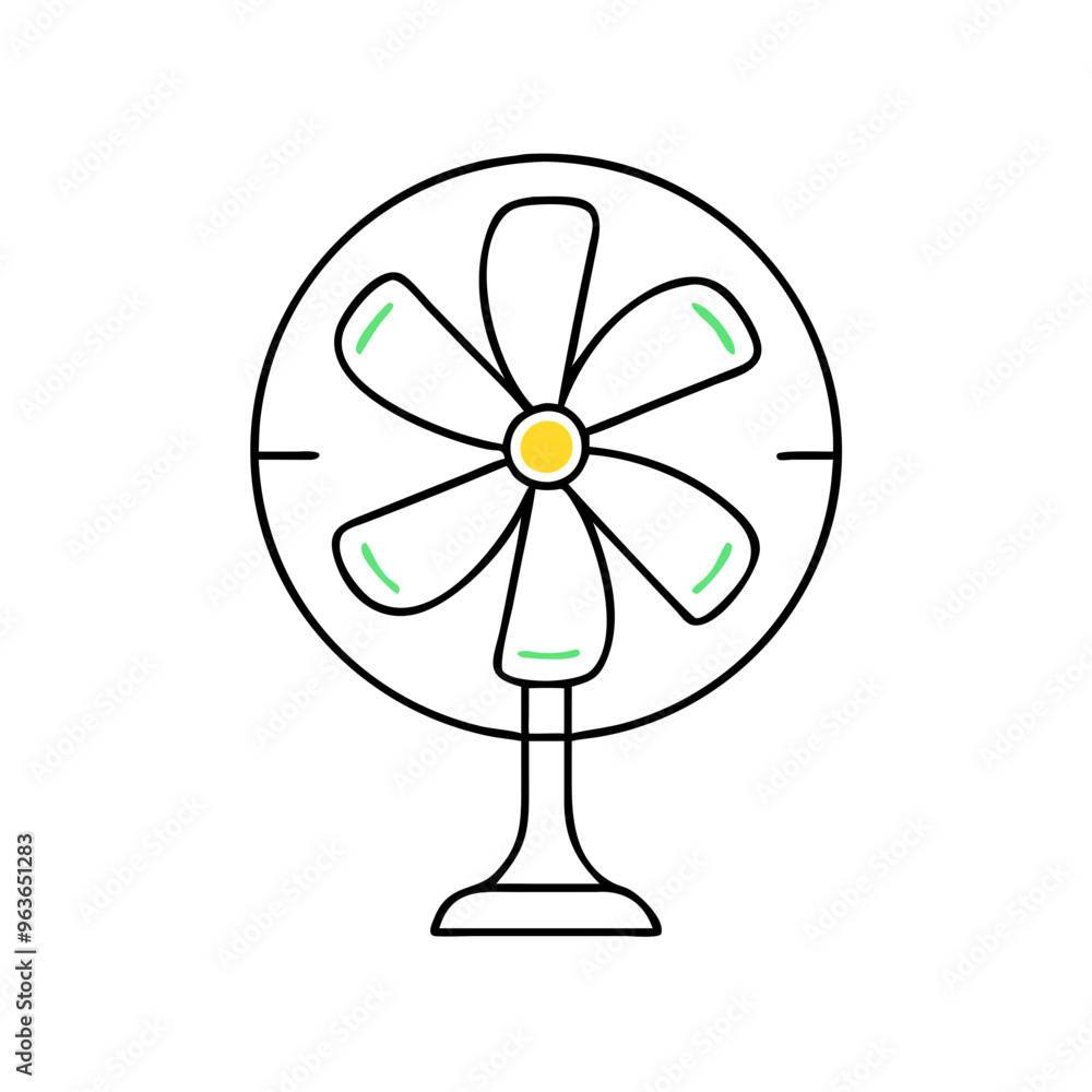 Obraz premium Minimalist fan icon, black and white line art, cooling device concept with copy space