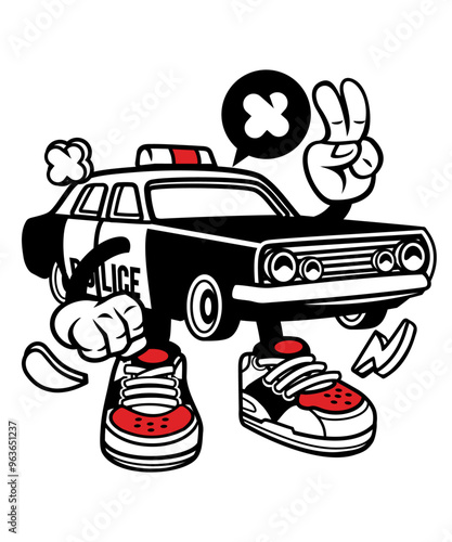 Quirky police car vector art character graphic drawing illustration for stickers, streetwear, t-shirts, logos, print-on-demand, print, or branding