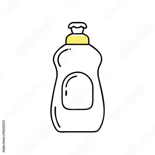 Minimalist dishwashing liquid bottle icon, black and white line art, cleaning product concept with copy space