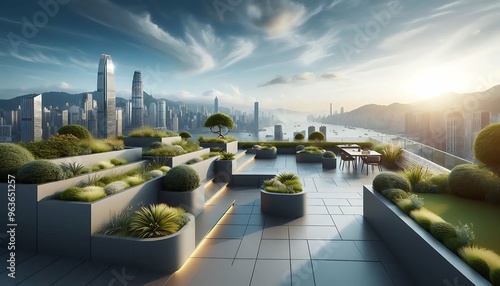Wallpaper Mural Modern rooftop garden with city skyline and terraced landscaping at sunset
 Torontodigital.ca