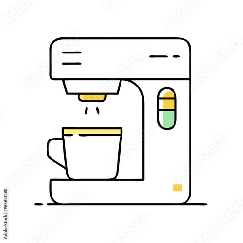 Minimalist coffee machine icon, black and white line drawing, beverage making concept with copy space