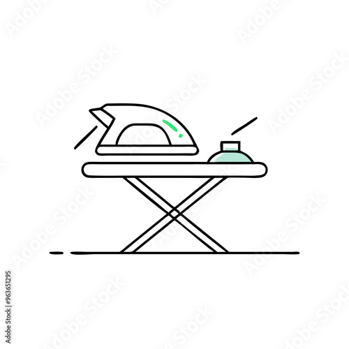 Iron and ironing board icon, simple line art, household chores concept with copy space