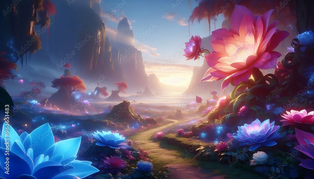 Magical fantasy landscape with glowing lotus flowers and mystical sunset in an ethereal valley
Magical fantasy landscape with glowing lotus flowers and mystical sunset in an ethereal valley