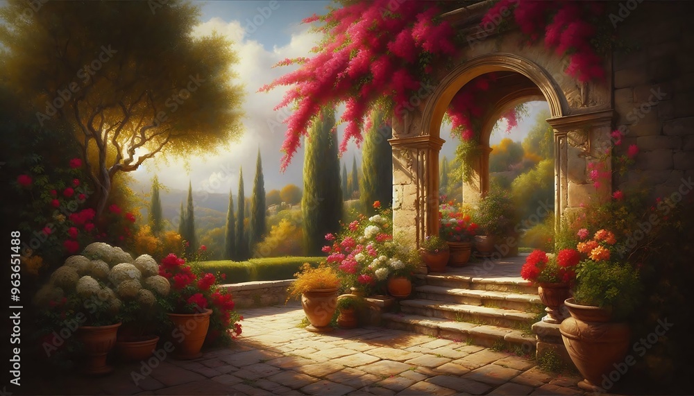 Fototapeta premium Idyllic Mediterranean garden with stone arch, vibrant flowers, and terracotta pots in golden sunlight