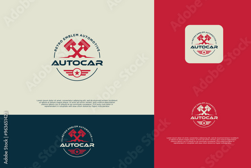 Automotive logo design, vintage style logo for garage workshop with piston gear element