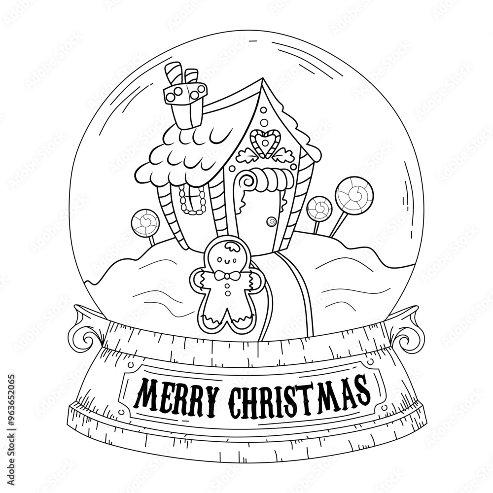 Fototapeta premium Coloring page Christmas Snow globe with candy house and Gingerbread. Coloring book Christmas. Coloring page vector Christmas. 