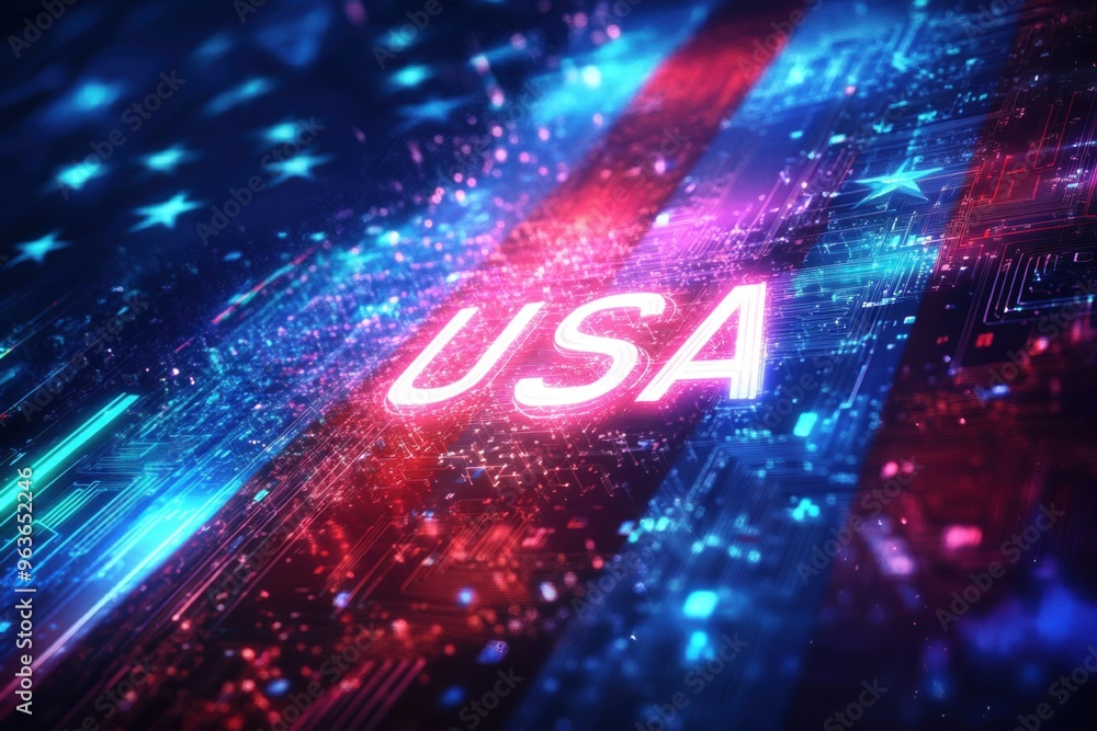 Futuristic Digital Representation of the USA Flag with Neon Glow and Circuitry Elements Futuristic Digital Representation of the USA Flag with Neon Glow and Circuitry Elements