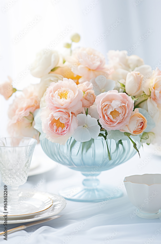 Beautiful bouquet of pink white flowers in a crystal vase on the dining table Beautiful bouquet of pink white flowers in a crystal vase on the dining table