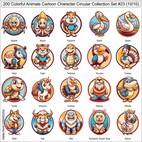 Colorful Animals Cartoon Character Circular Collection Set of 200 Isolated Animals Part 10
