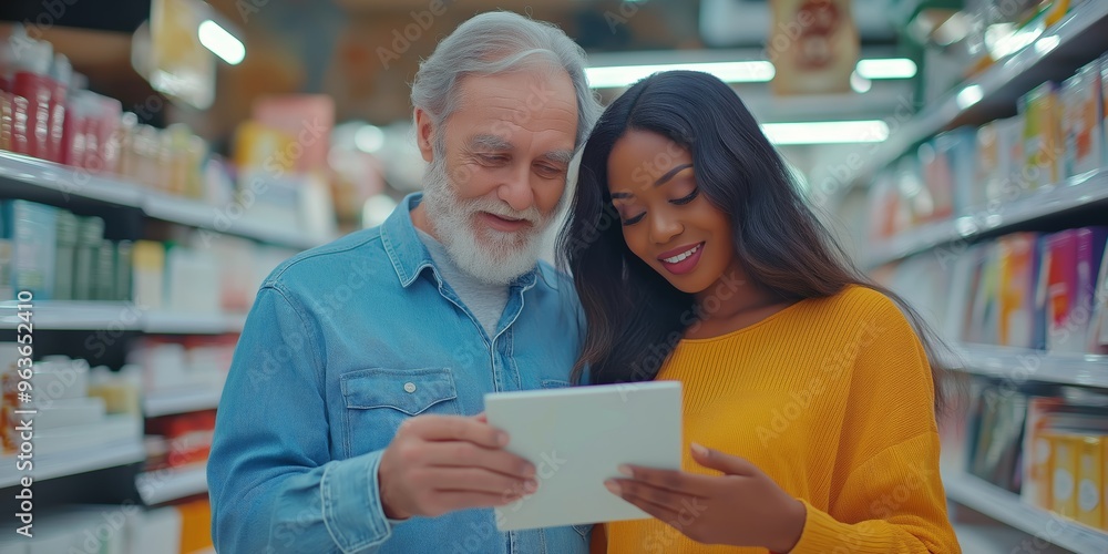 A refined elderly Latino man and a Black woman browse art supplies in a boutique store, discussing colors while looking at a tablet A refined elderly Latino man and a Black woman browse art supplies in a boutique store, discussing colors while looking at a tablet