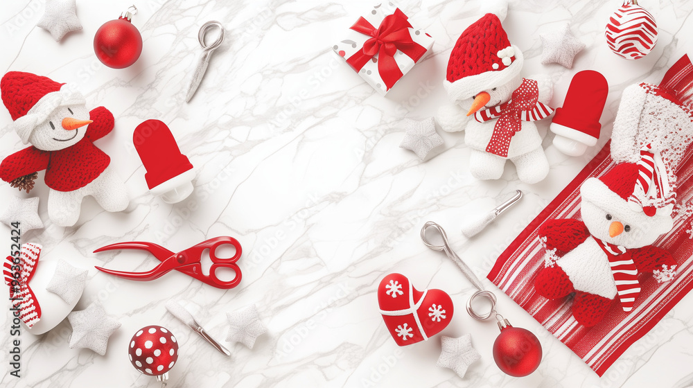 Christmas Craft Items with Snowman Toys and Red Decorations on White Background Christmas Craft Items with Snowman Toys and Red Decorations on White Background