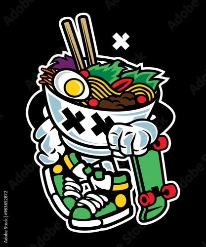 Quirky Ramen Bowl skying vector art character graphic drawing illustration for stickers, streetwear, t-shirts, logos, print-on-demand, print, or branding
