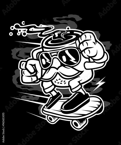 Funny Black and White Coffee skying vector art character graphic drawing illustration for stickers, streetwear, t-shirts, logos, print-on-demand, print, or branding