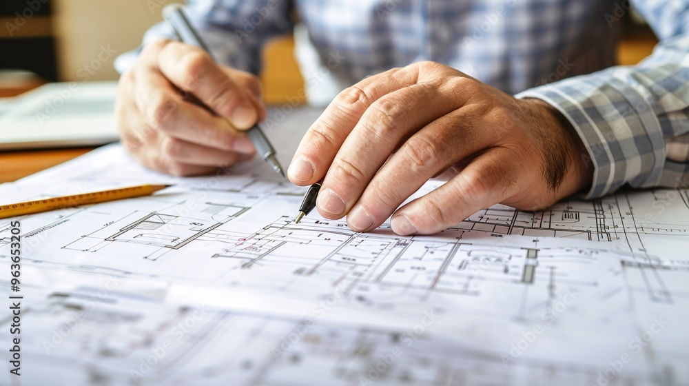 Architect reviewing blueprints Architect reviewing blueprints