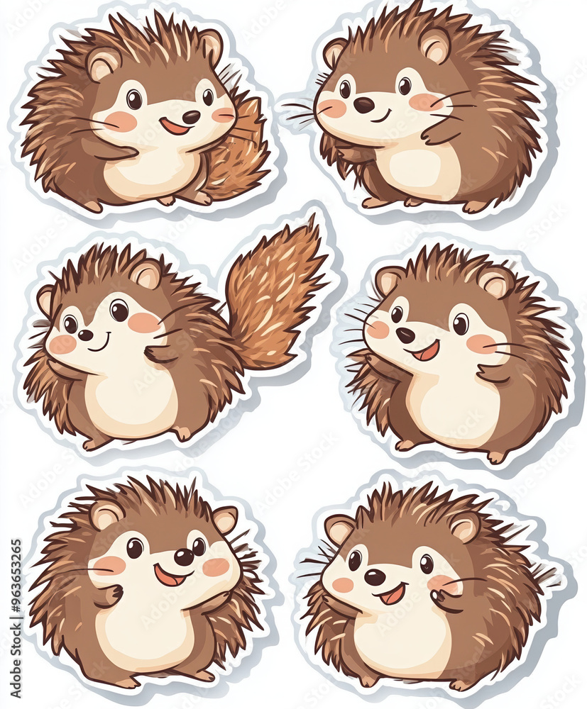 Obraz premium hedgehog cute animal cartoon animals stickers woodland creatures forest animals kawaii happy smile adorable nature character design whimsical plushie playful 