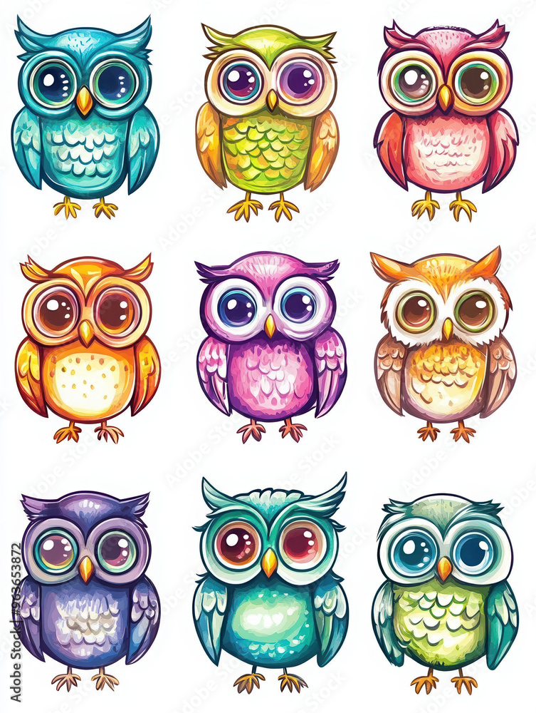 Fototapeta premium owls birds cute animals wildlife illustration cartoon colorful animal art nature feathers whimsical forest playful character design vector art digital art nursery decor
