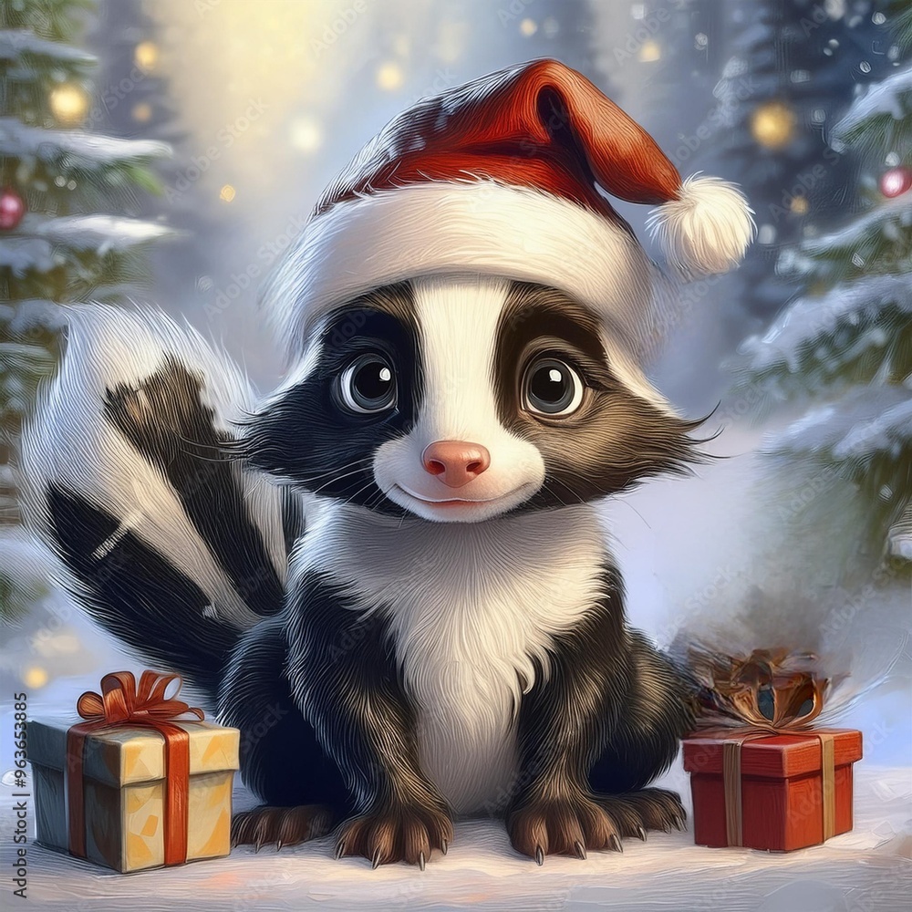 Christmas skunk with gifts and decoration Christmas skunk with gifts and decoration