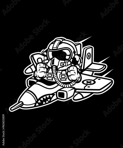 Funny and quirky black and white vector art character of an astronaut flying a spaceship jet, graphic drawing for stickers, streetwear, t-shirts, logos, print-on-demand, print, or branding