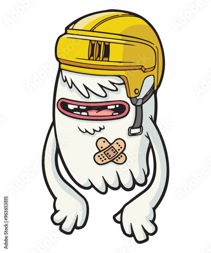 Funny Skater Bruised Ghost wearing a yellow helmet, vector art character graphic drawing for stickers, streetwear,  t-shirts, logos, print-on-demand, print, or branding