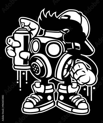 Funny and quirky black and white vector art character artist painting, graphic drawing for stickers, streetwear, t-shirts, logos, print-on-demand, print, or branding