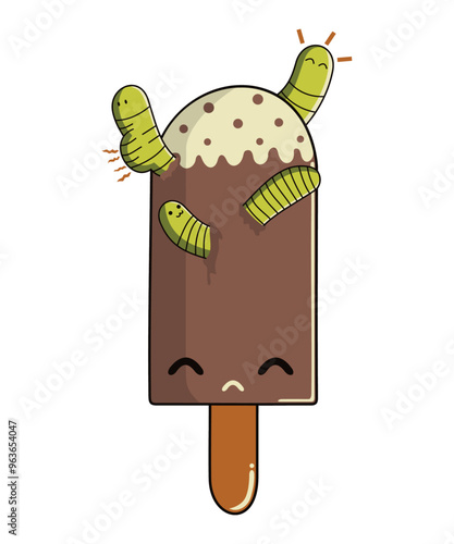 Funny Kawaii Not cool Halloween Chocolate Icecream popsicle Desert with Worms, vector art graphic drawing for stickers, streetwear,  t-shirts, logos, print-on-demand, print, or branding