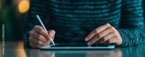 Hands using a tablet for digital note-taking, modern productivity, tech-savvy work method