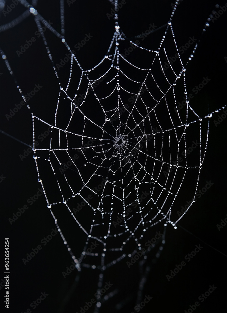 Naklejka premium Dew drops glisten on a spider web, reflecting light against a dark backdrop