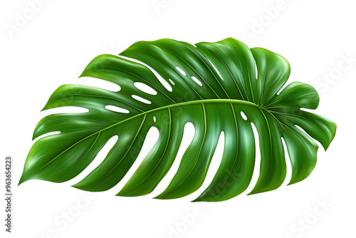 A detailed illustration of a vibrant green Monstera leaf, showcasing its characteristic split and fenestrated shape. The tropical leaf is isolated on a white background. photo