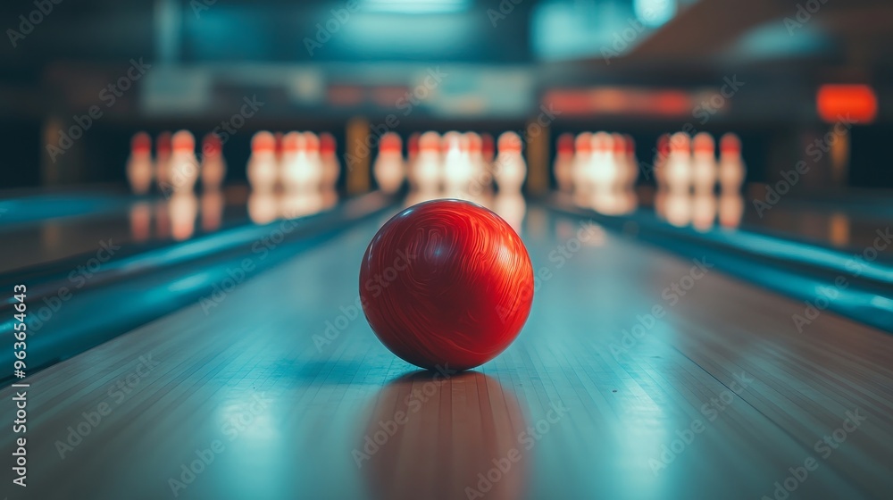 Pins on the bowling lane, red ball, copy space, and selective focus. Attain the goal, winning concept Pins on the bowling lane, red ball, copy space, and selective focus. Attain the goal, winning concept