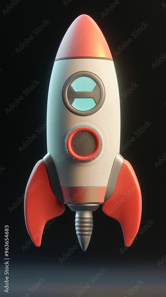 Stylized red and white cartoon rocket ship floating on a dark gray background with a slight gradient Stylized red and white cartoon rocket ship floating on a dark gray background with a slight gradient