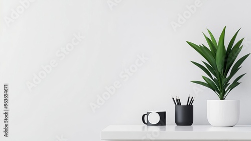 Minimalistic desk setup with a potted plant and monochrome accessories, clean design, modern productivity