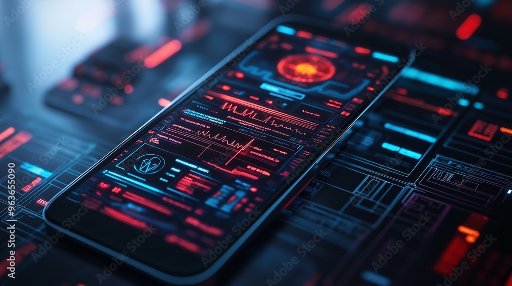 Close-up of a smartphone displaying a digital health ID card with a futuristic interface in red and blue tones on a dark background Close-up of a smartphone displaying a digital health ID card with a futuristic interface in red and blue tones on a dark background