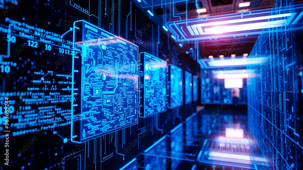 A 3D matrix of glowing blue data streams flowing between translucent digital screens in a futuristic interface