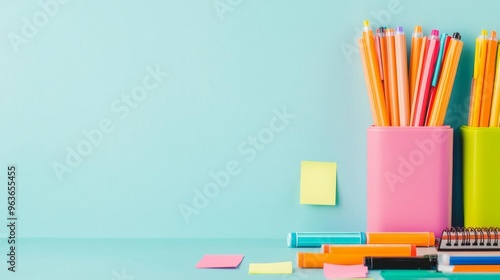 Overhead view of a desk with colorful markers and sticky notes, creative planning, vibrant work environment