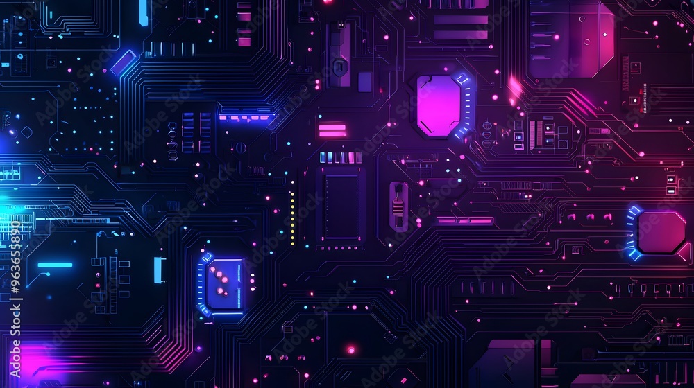 Futuristic Circuit Board with Neon Lights. Futuristic Circuit Board with Neon Lights.