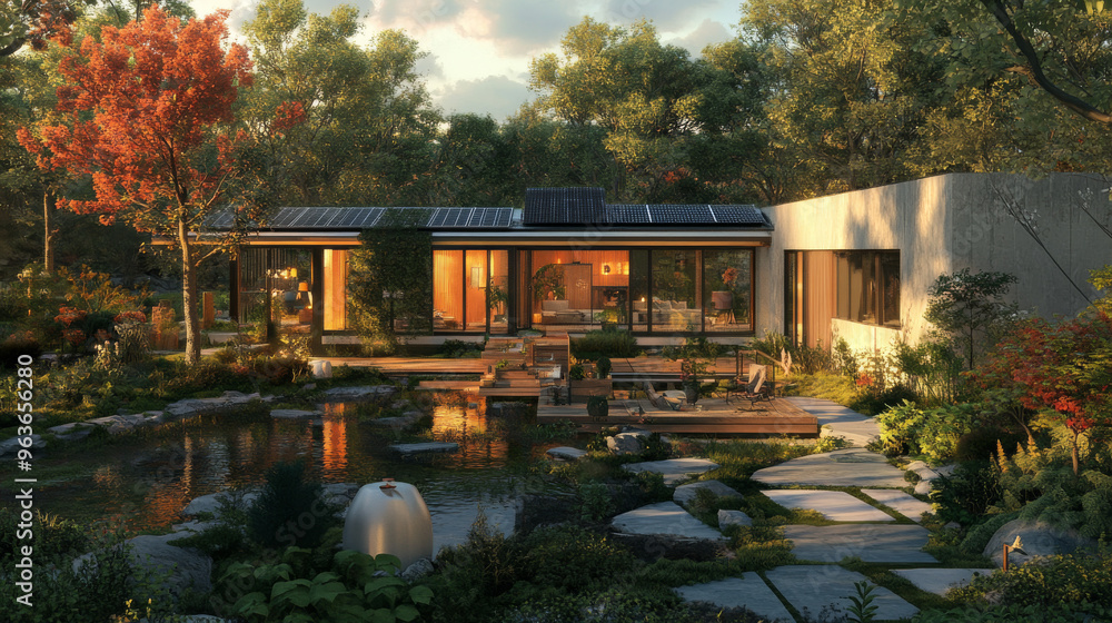 View of Show a modern home equipped with smart eco-friendly technologies, such ...
