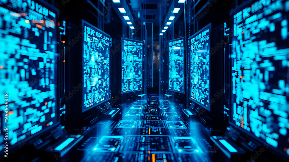 A 3D matrix of glowing blue data streams flowing between translucent digital screens in a futuristic interface A 3D matrix of glowing blue data streams flowing between translucent digital screens in a futuristic interface