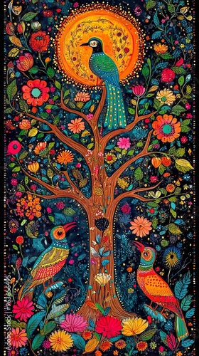 Classic Madhubani painting with festive colors and detailed animal motifs background